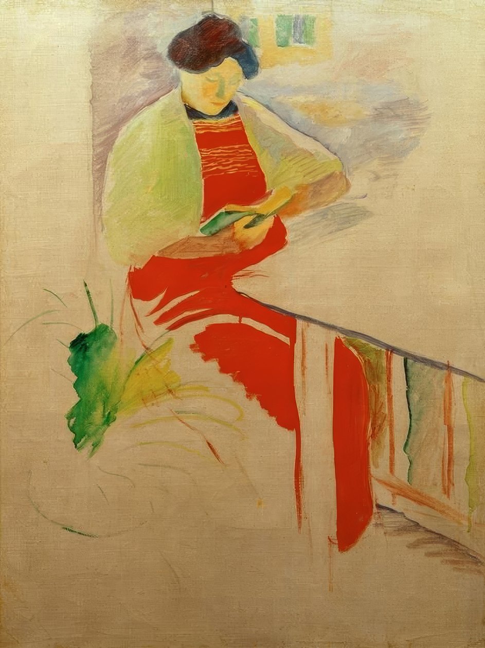 Kvinne med rødt forkle på balkongen (Elisabeth) av August Macke