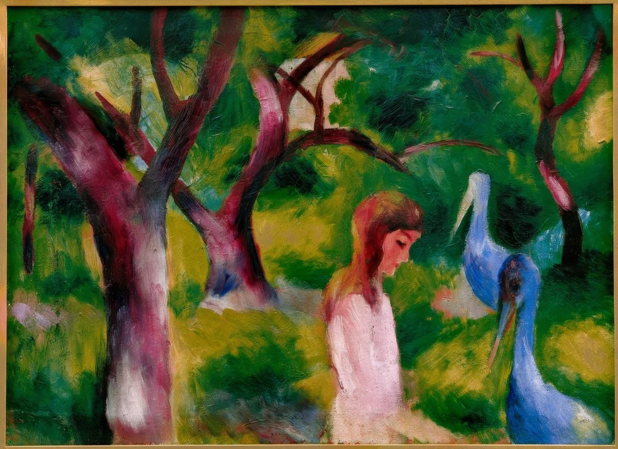 Jente med blå fugler av August Macke