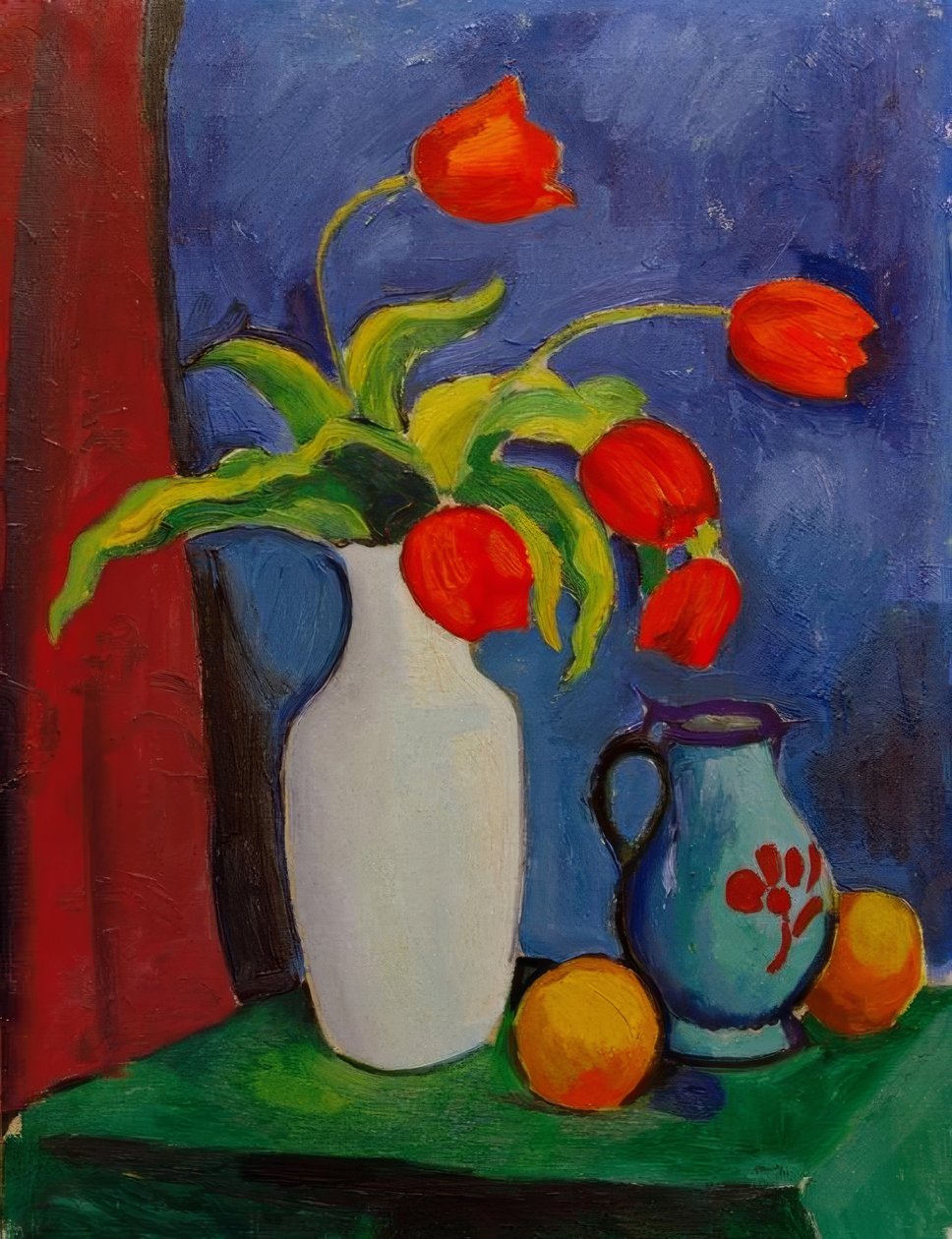 Røde tulipaner i hvit vase av August Macke