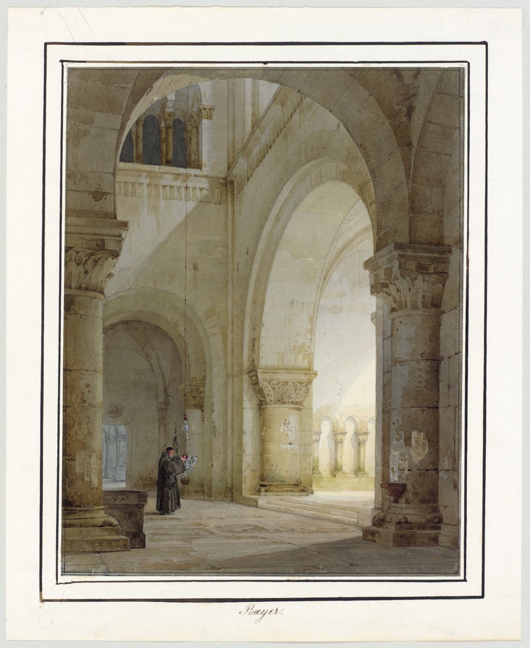 Interiør i en romansk kirke av August von Bayer