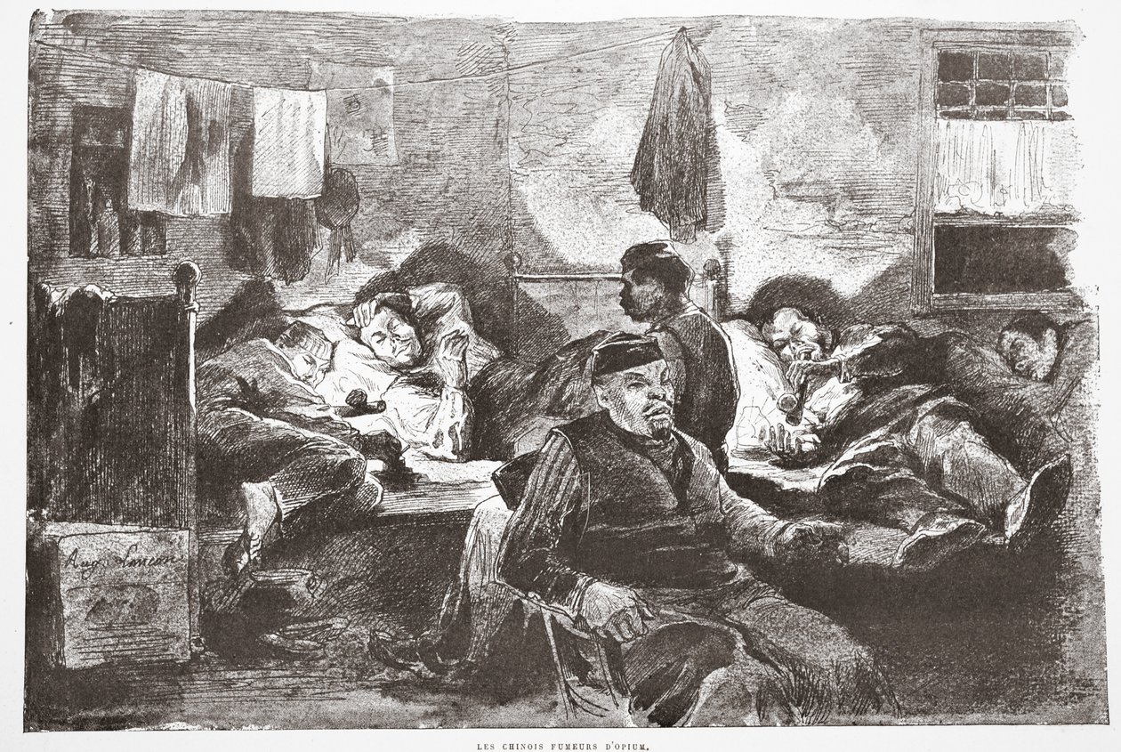 The Chinese Opium Smokers, illustrasjon fra 'La Rue a Londres', pub. av G. Charpentier et Cie, 1884 av Auguste Andre Lancon