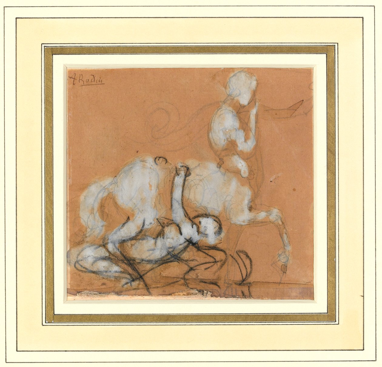 Achilles og Cheiron (grafitt, kritt og brun vask med hvit forhøyning på papir) av Auguste Rodin