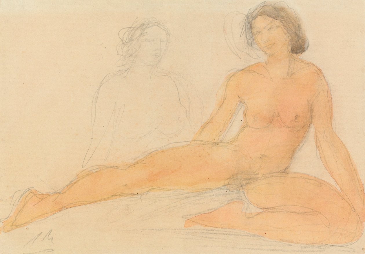 To sittende nakenbilder (grafitt og wc på papir) av Auguste Rodin