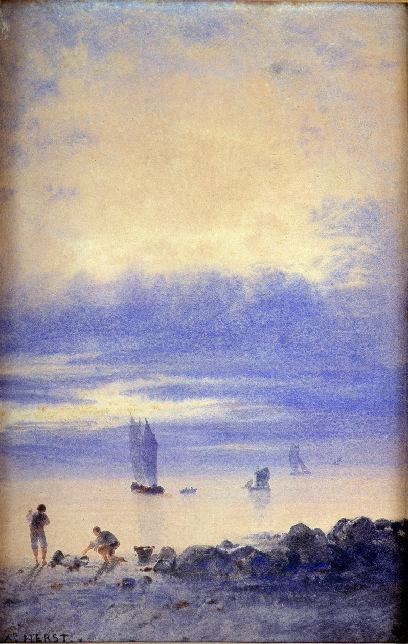 Seascape, Saint-Malo-stranden (wc på papir) av Auguste Herst