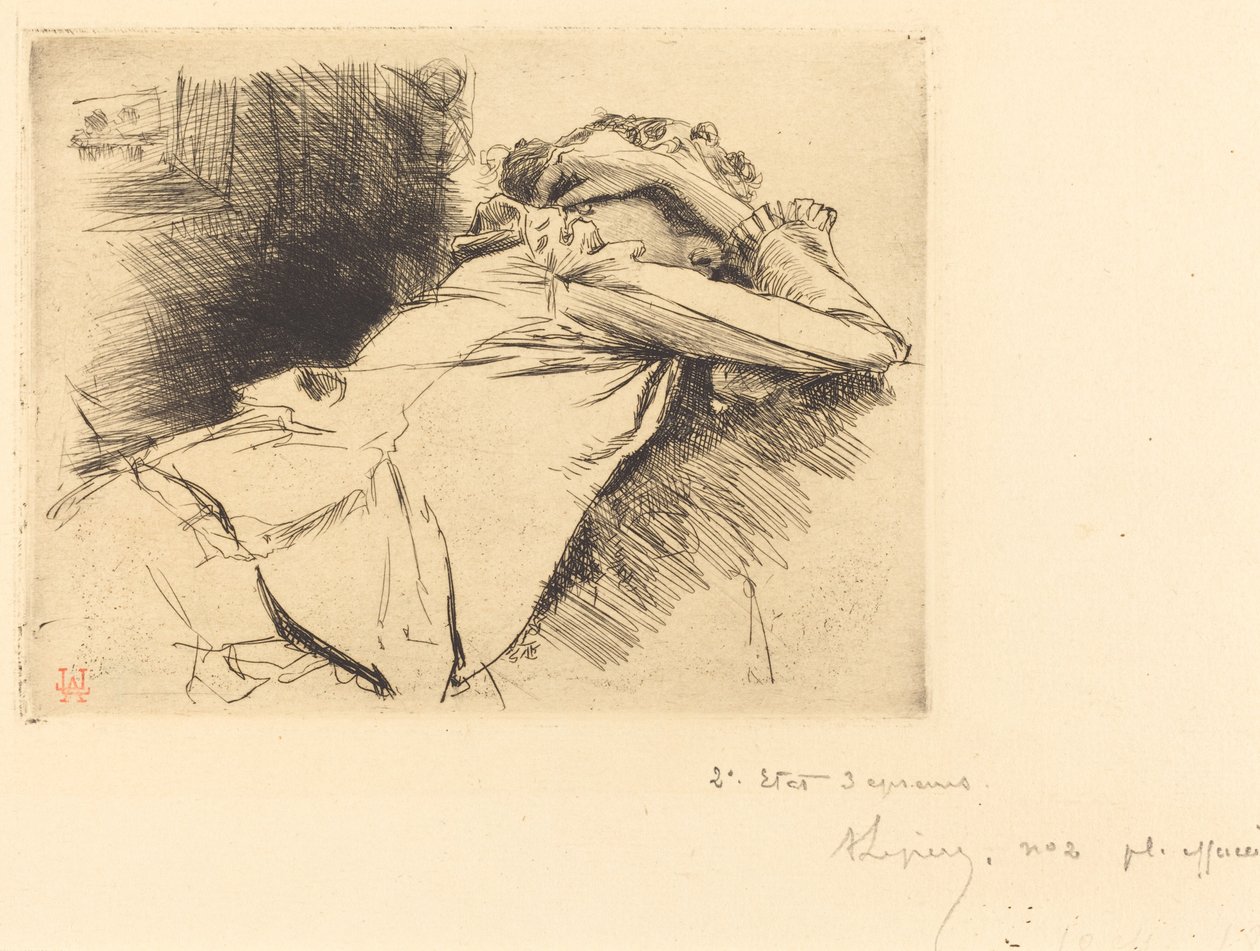 Tilbakelent kvinne sover (Femme couchee sommeillant) av Auguste Lepere