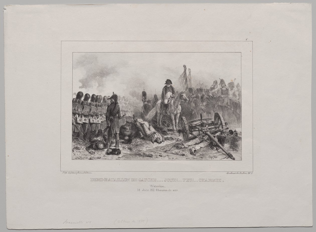 Litografisk album fra 1837: Halvbataljon på venstre side... Sikt!... Brann!... Last av Auguste Raffet
