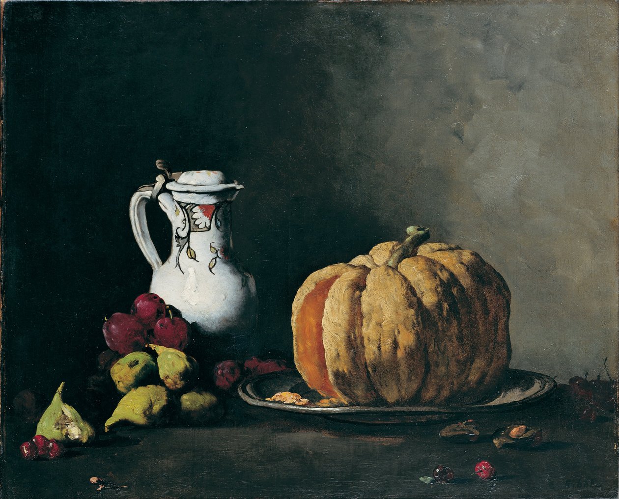 Stilleben med gresskar, plommer, kirsebær, fiken og kanne av Auguste Theodule Ribot