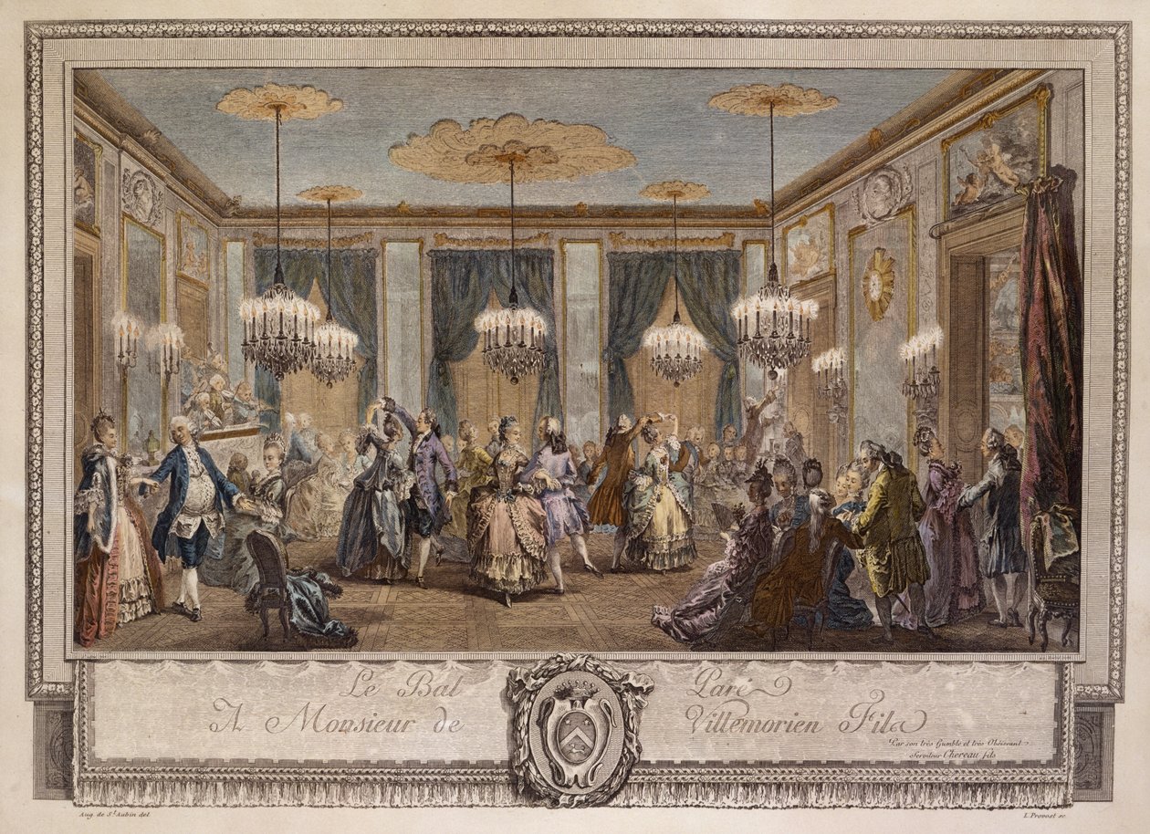 Le Bal Pare a Monsieur de Villemorien Fila, gravert av L. Provost (håndfarget gravering) av Augustin de Saint Aubin