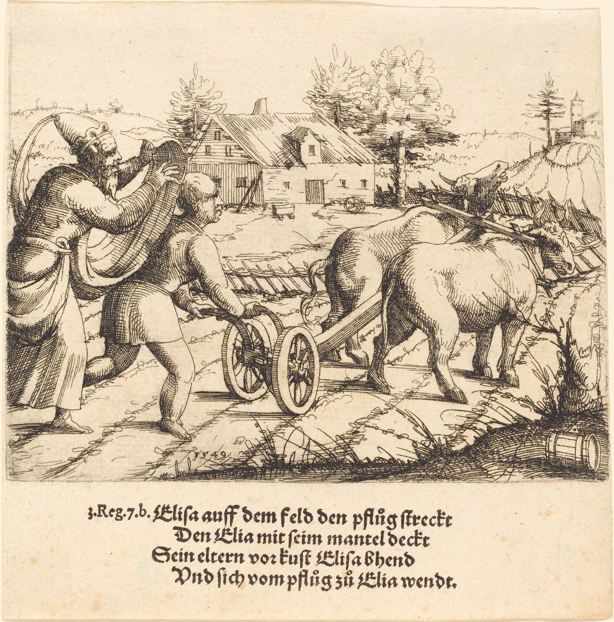Elijah salver Elisa, 1549. av Augustin Hirschvogel