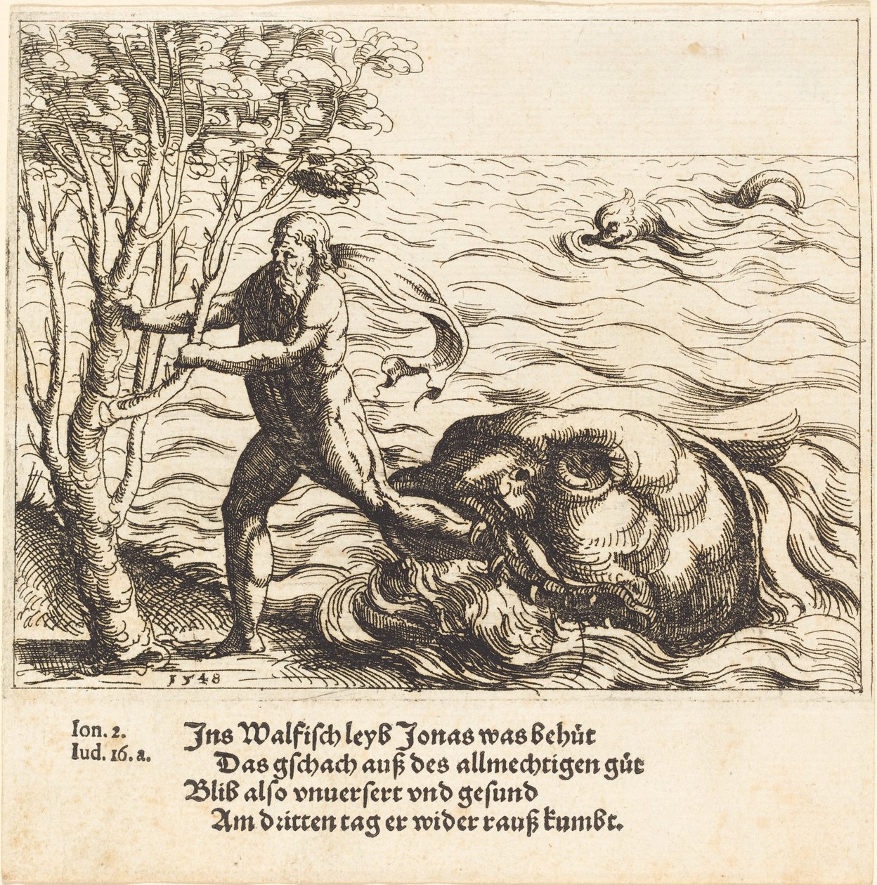 Jonah blir befridd fra hvalen, 1548. av Augustin Hirschvogel