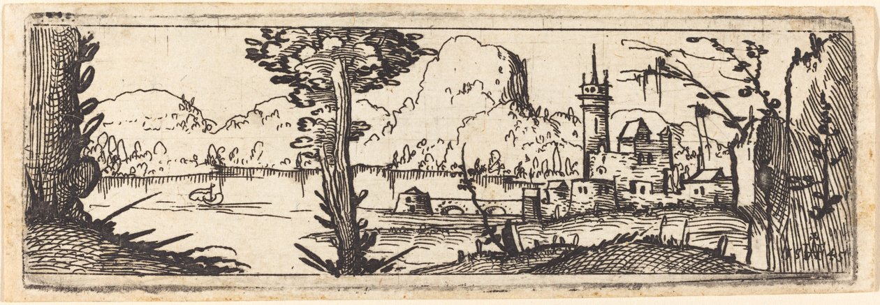 Landskap med innsjø og by, 1545. av Augustin Hirschvogel