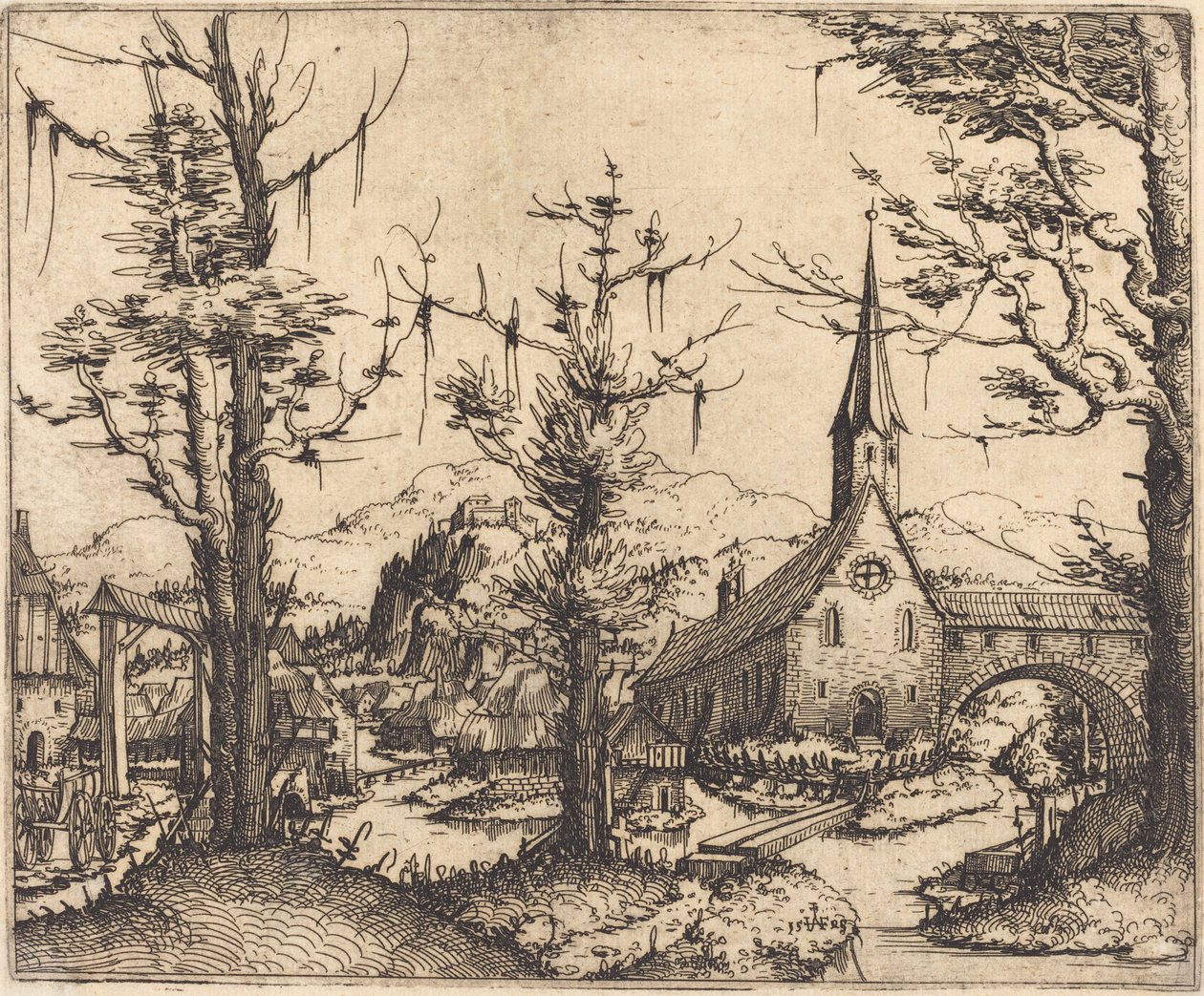 Landskap med en landsbykirke, 1545. av Augustin Hirschvogel