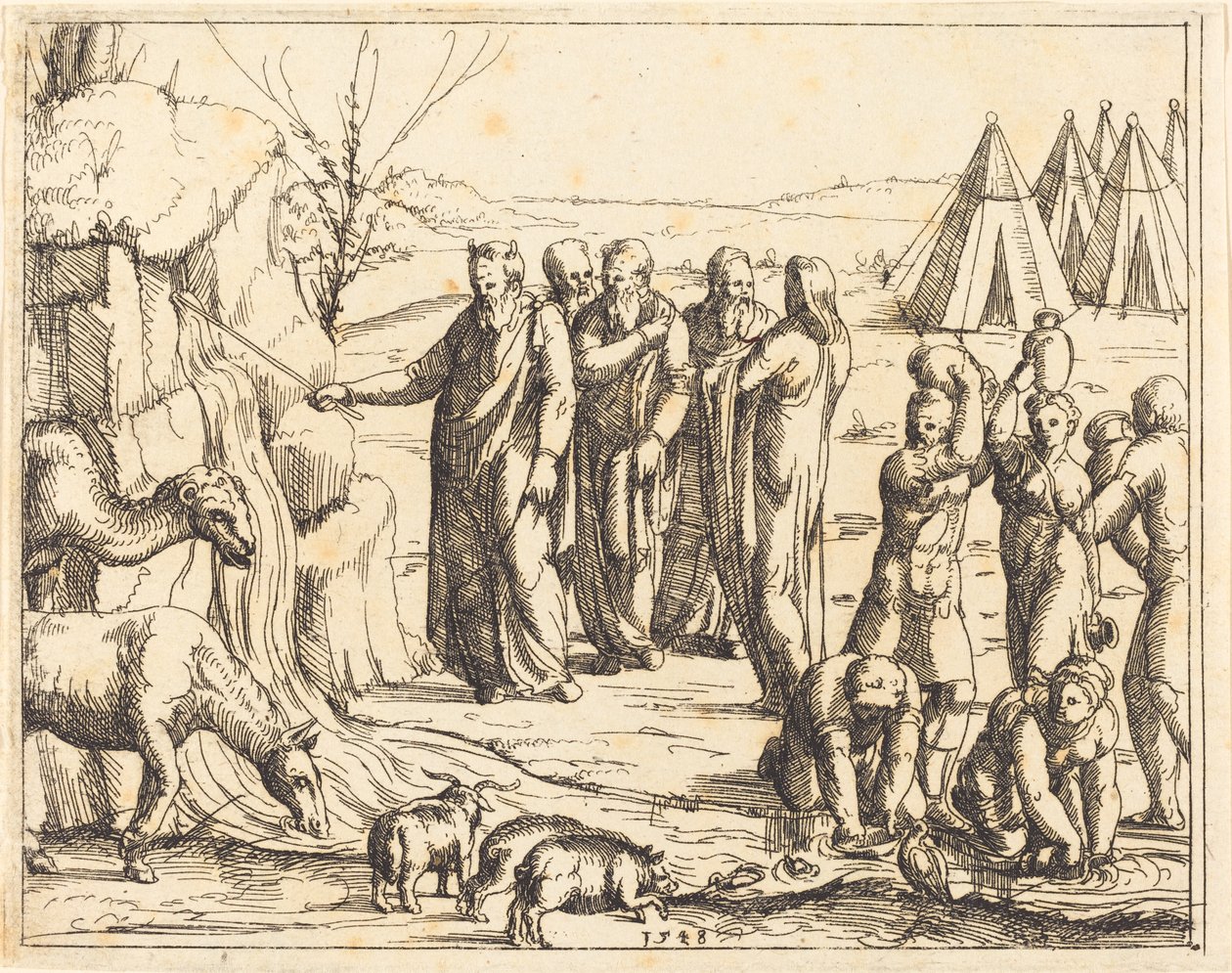 Moses slår klippen. av Augustin Hirschvogel