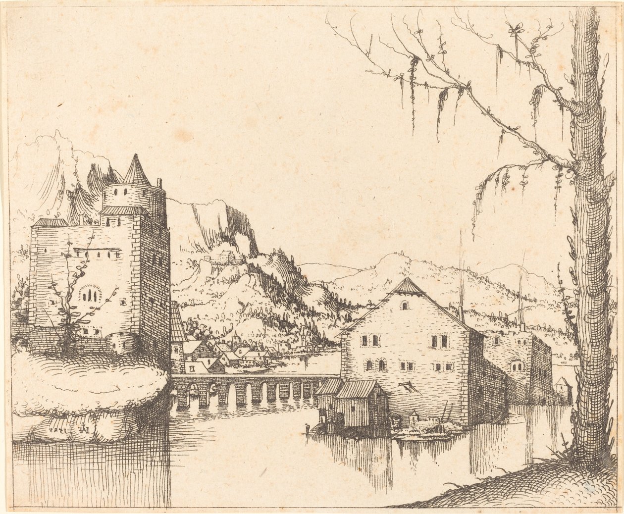 Elvelandskap med øyhus, 1545. av Augustin Hirschvogel