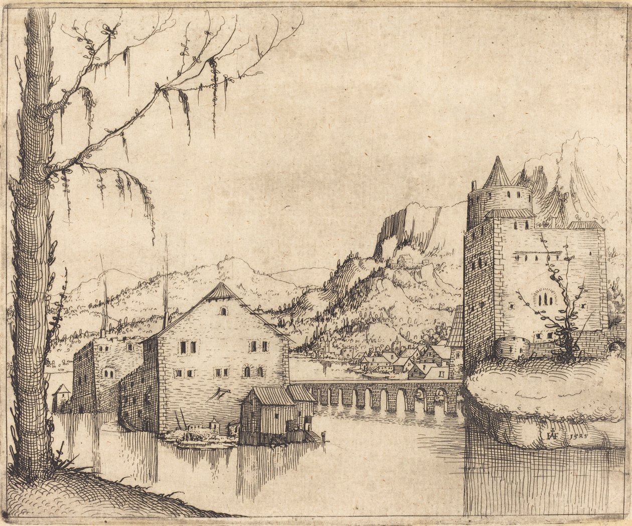Elvelandskap med to bygninger, 1545. av Augustin Hirschvogel