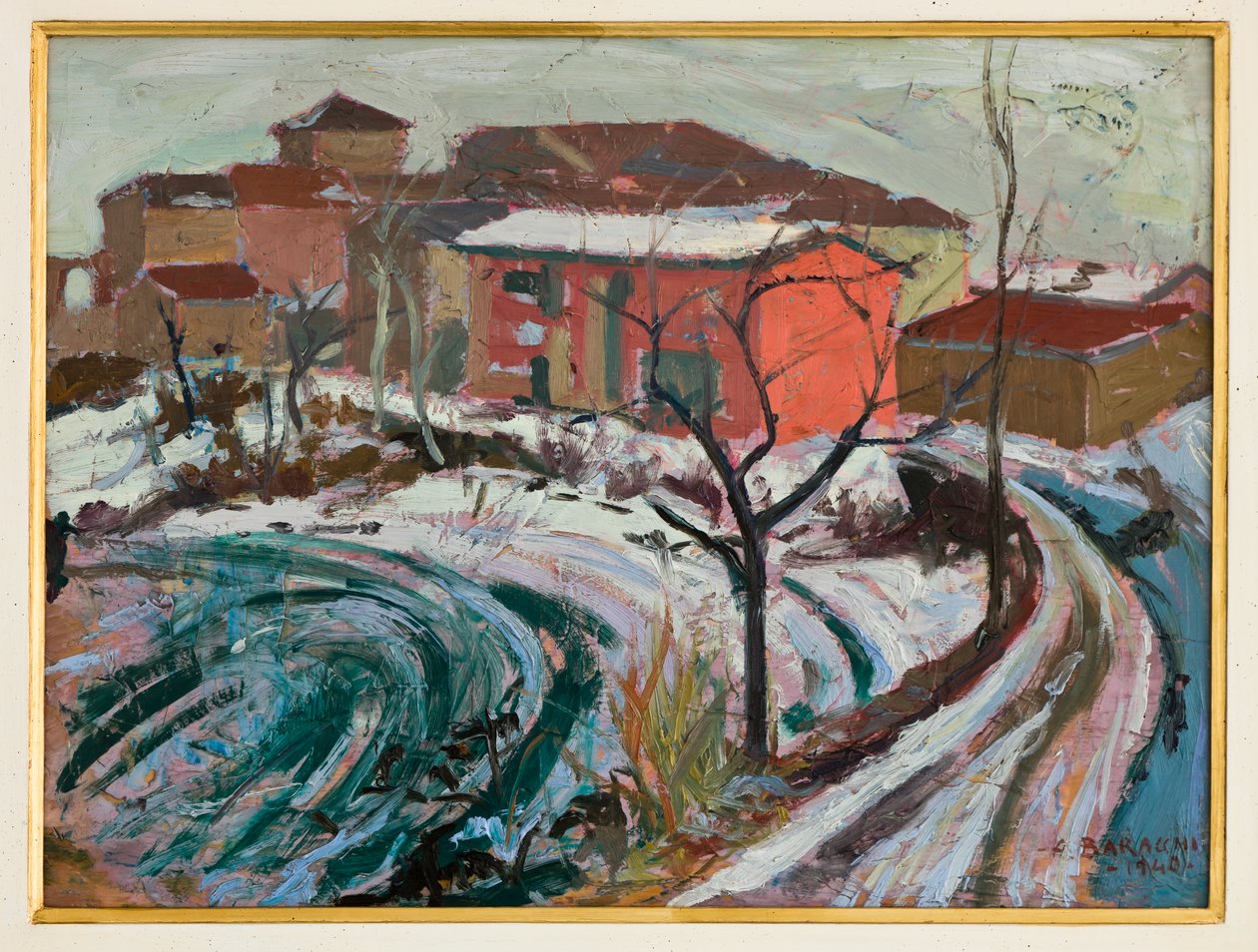 Snø i Carpi (olje på papp) av Augusto Baracchi