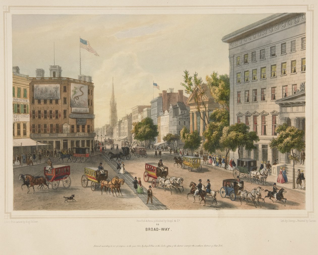 Broad-Way, pub. 1850 (farge litho) av Augustus (after) Kollner