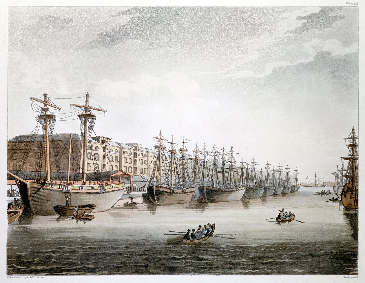 West India Docks, London, 1808-1810 av Augustus Charles Pugin, Thomas Rowlandson