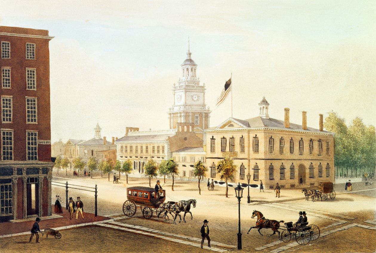 State House, Philadelphia, gravert av Deroy av Augustus Kollner