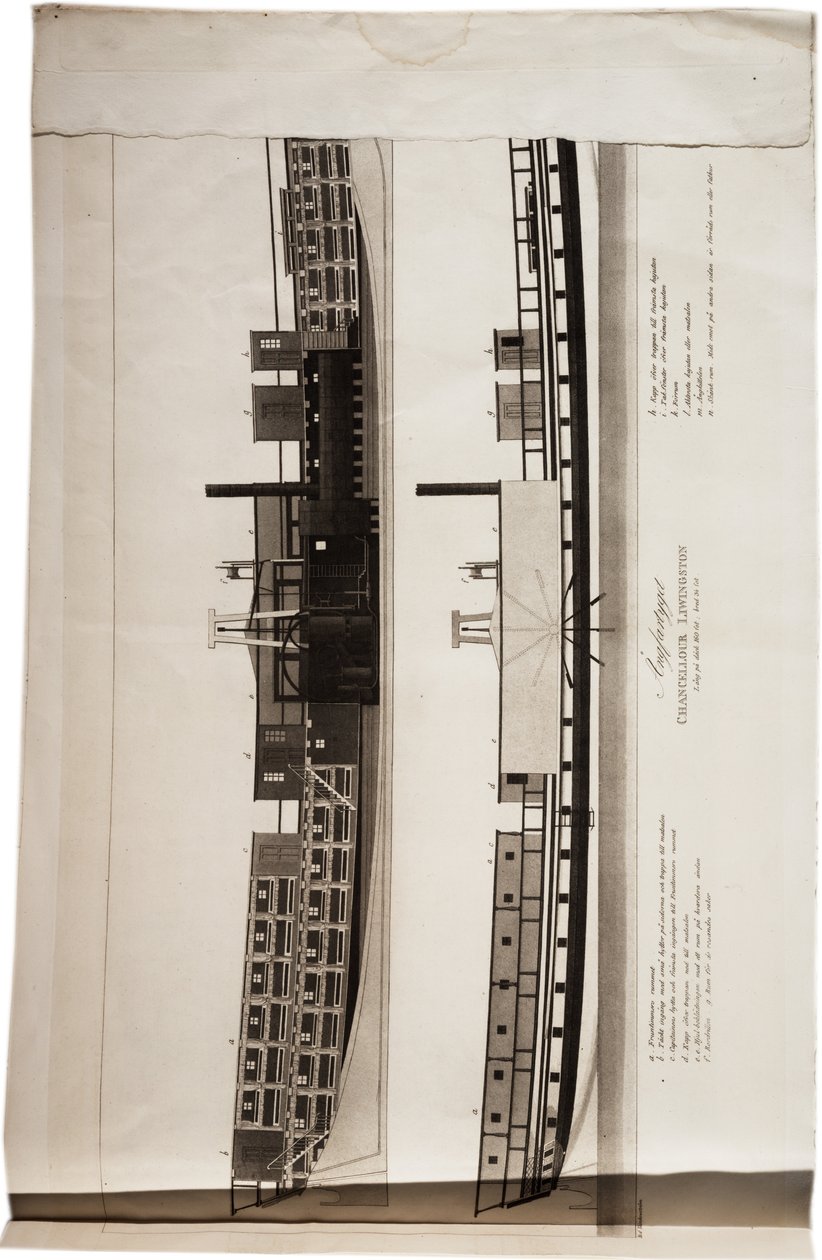 Utskårne utsikter over Fultons dampbåt, Chancellor Livingston, fra et atlas fra USA, 1824 (akvatint) av Axel Leonhard Klinckowström