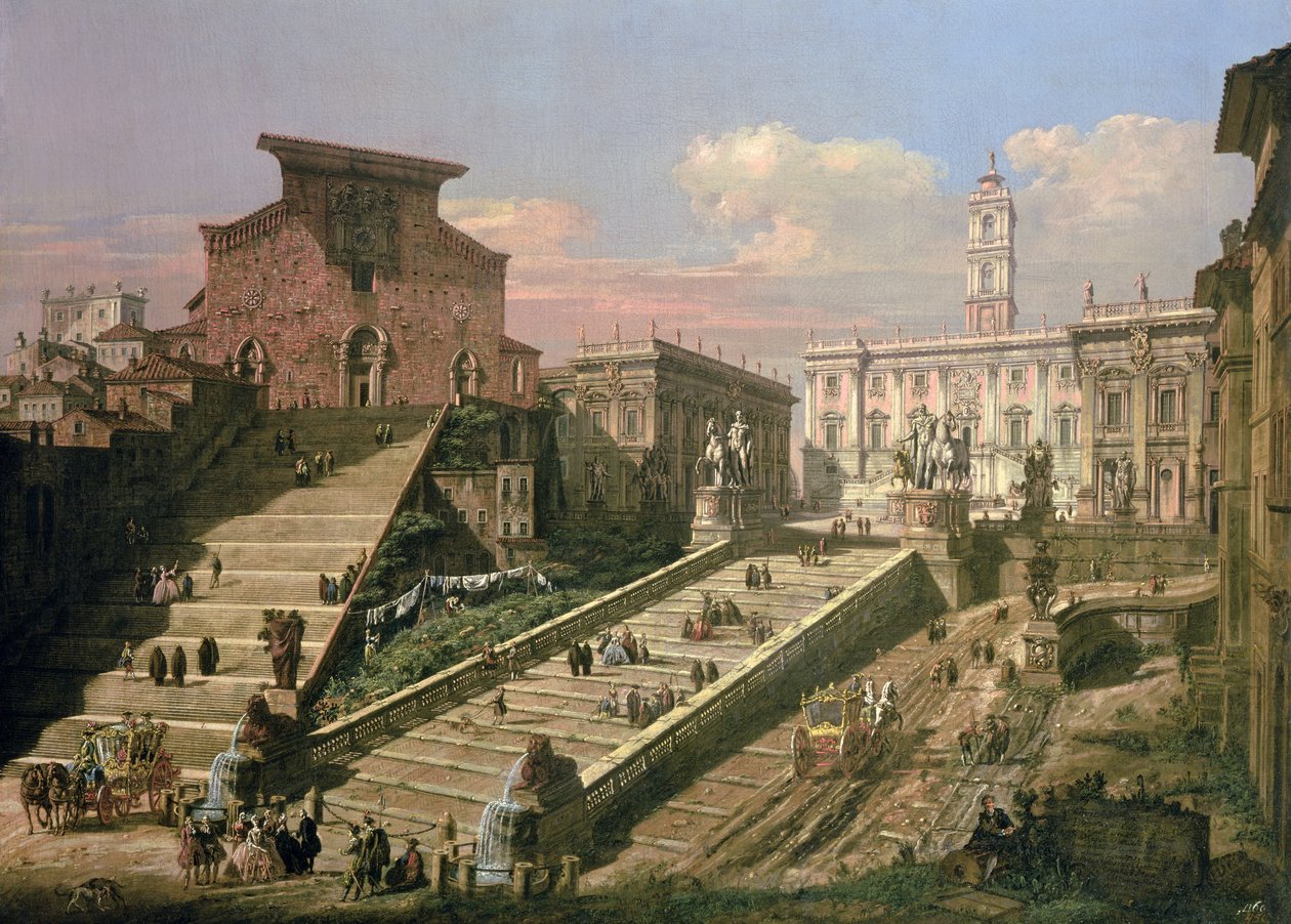 Piazza del Campidoglio og kirken S. Mario dAracoeli, Roma av B. and Bellotto, L. Bellotto