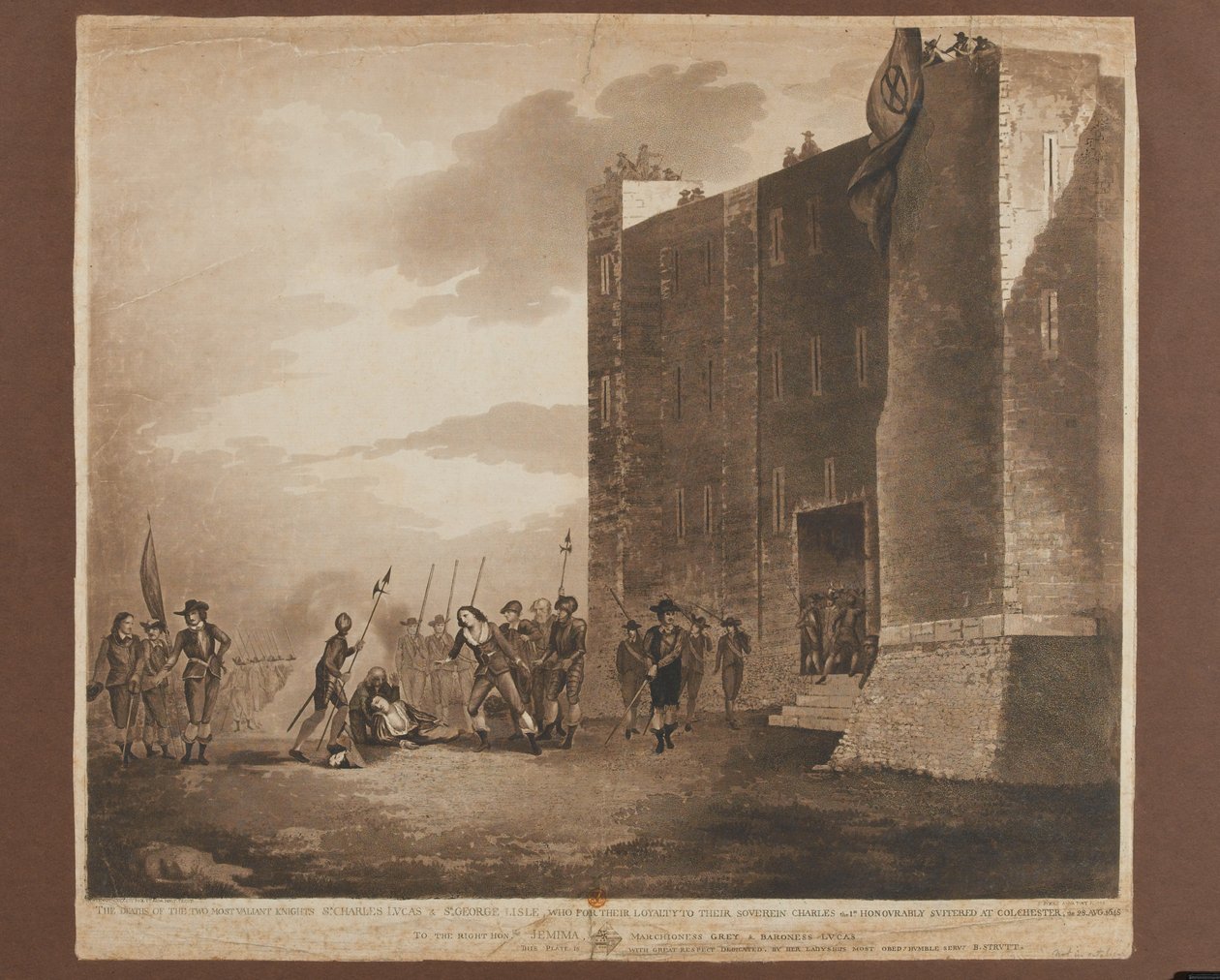 Dødsfall av Sir Charles Lucus (ca. 1612-1648), Sir George Lisle (d. 1648), 28. august 1648, gravert av F. Jukes, utgitt i 1748 (farget akvatint) av B. Strutt