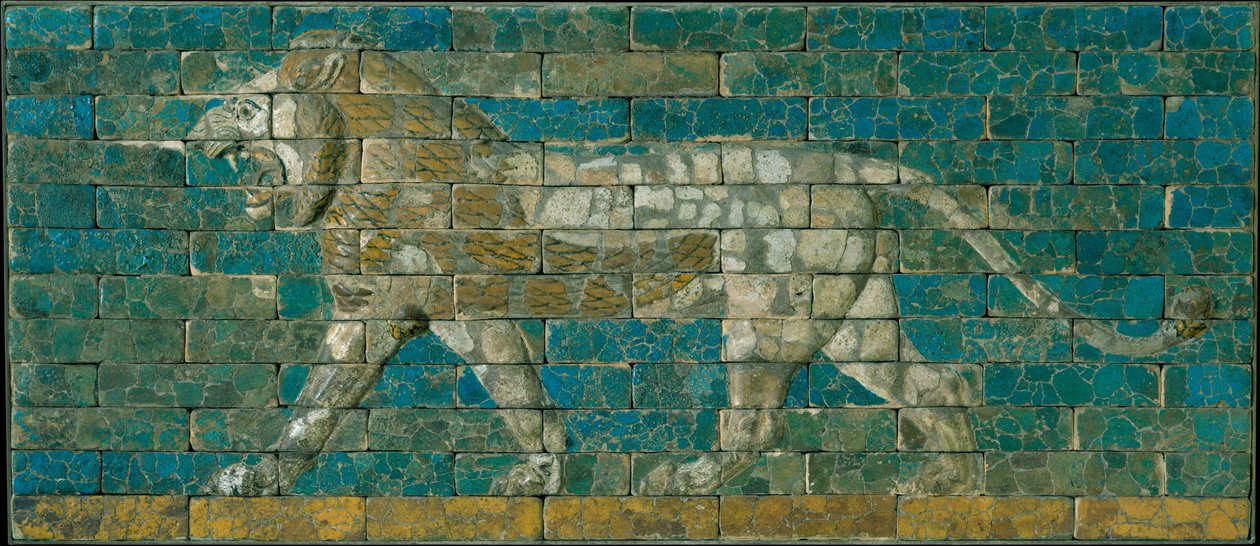 Panel med stridende løve, ca. 600-575 f.Kr. (glasert keramikk) av Babylonian