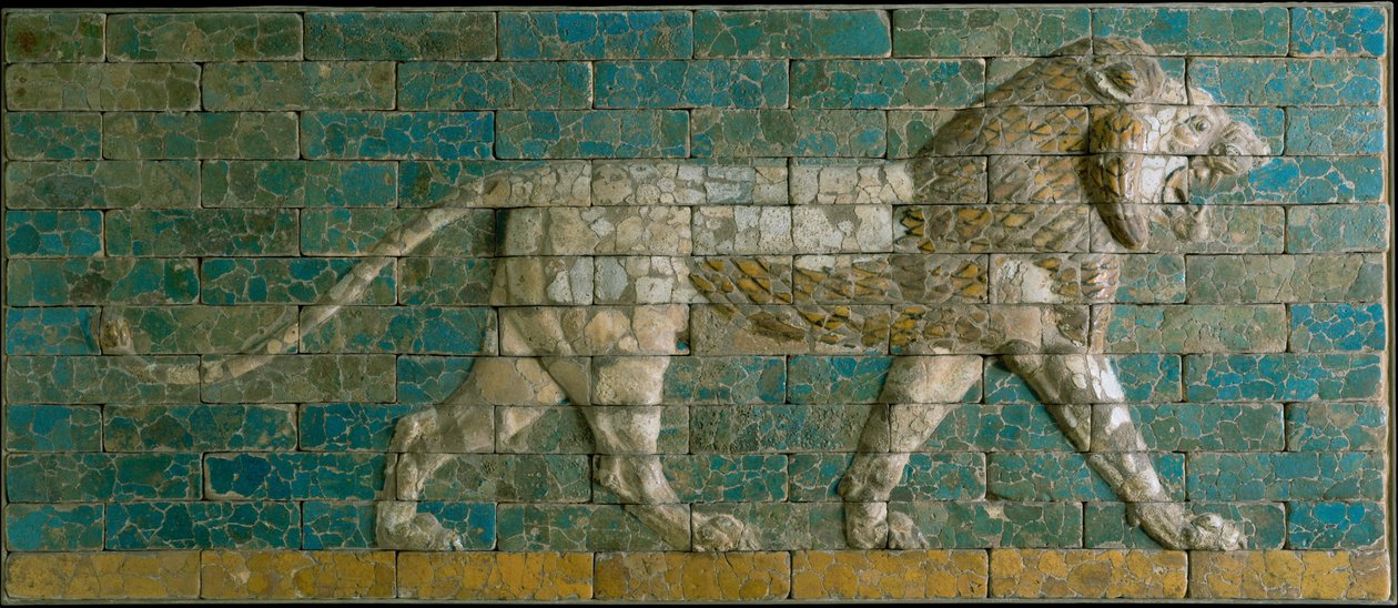 Panel med stridende løve, ca. 600-575 f.Kr. (glasert keramikk) av Babylonian
