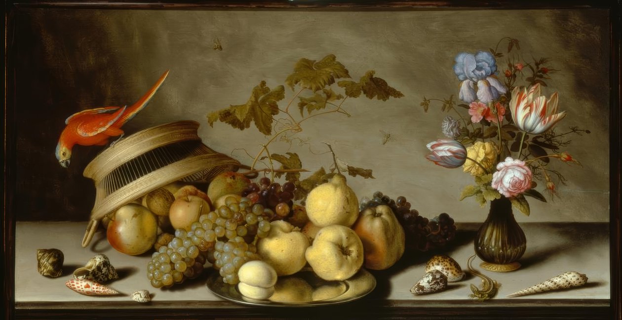 Stilleben med pærer, fersken, epler på tinnfat av Balthasar van der Ast
