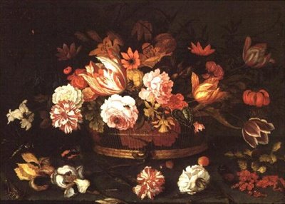 Roser, tulipaner i en kurv av Balthasar van der Ast