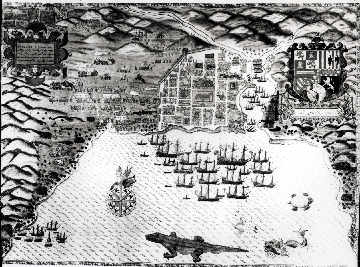 Santiago, Kapp Verde, 1589 (håndfarget gravering) av Baptista Boazio