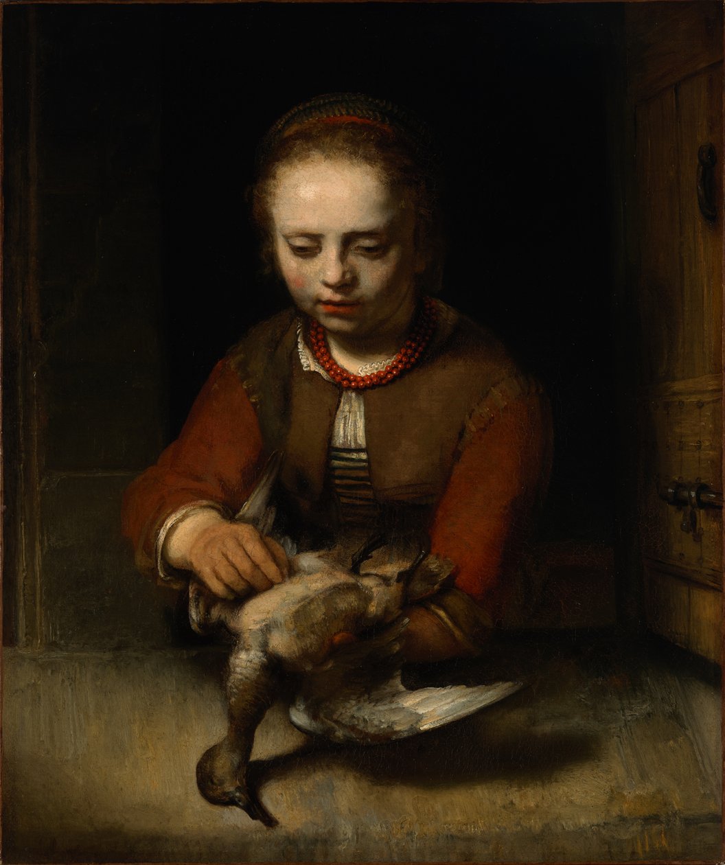 Ung jente som plukker en and av Barent Fabritius