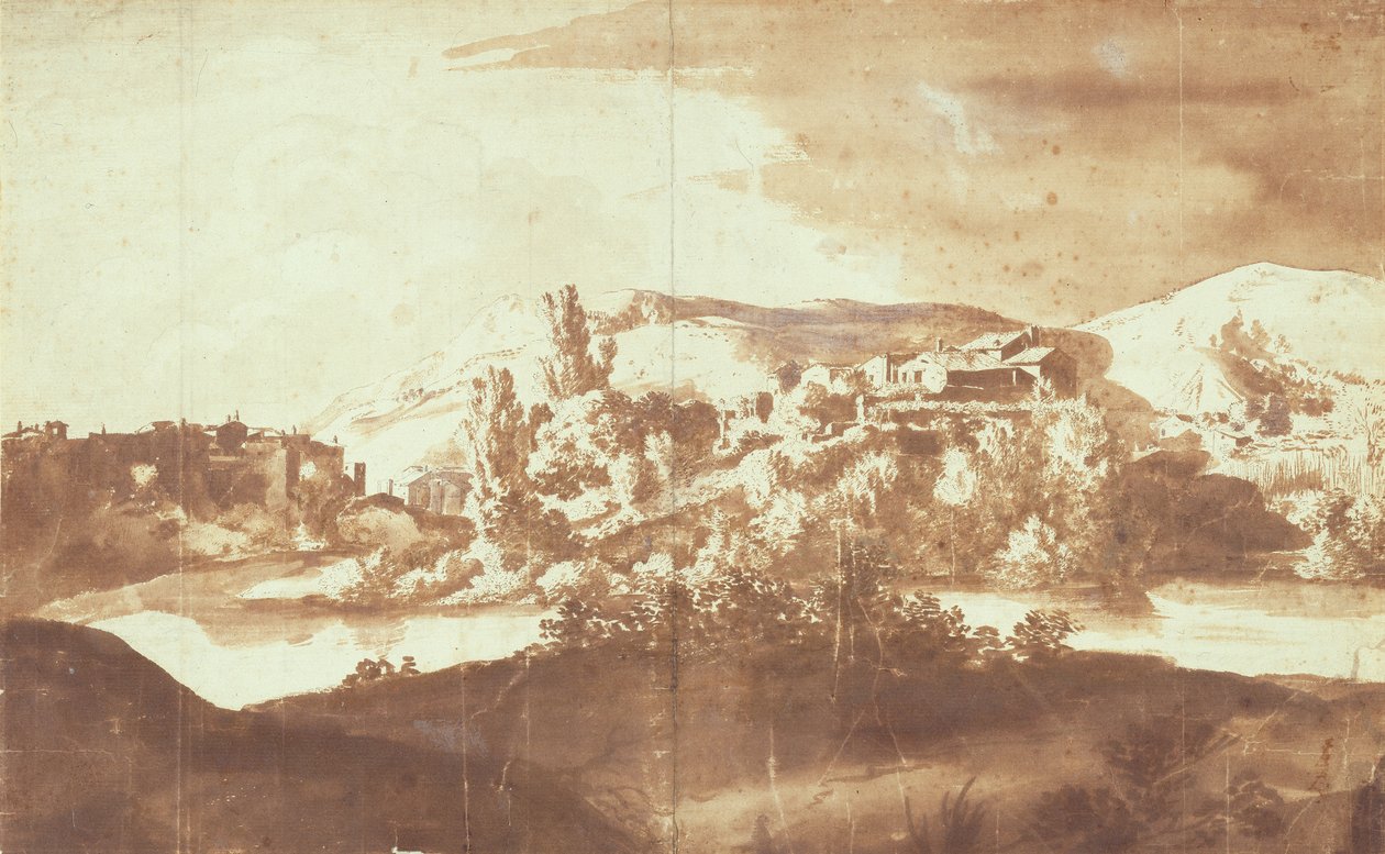 Italian Village on a River, ca. 1627 (penn og blekk med vask over grafitt på papir) av Bartholomeus Breenbergh