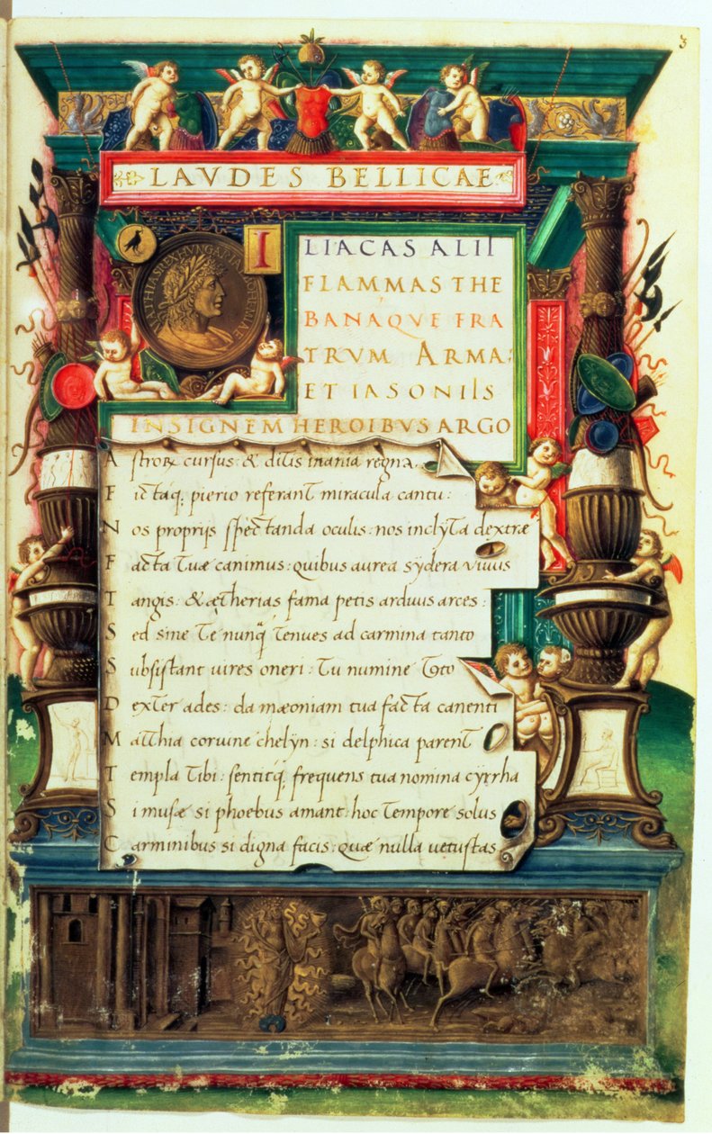 Ms 85.I.I.Aug.2, f.3r Presentasjonsmanuskript for Matthias Corvinus, fra Laudes Bellicae av Alexander Cortesius, Roma, ca. 1480-90 av Bartolomeo Sanvito