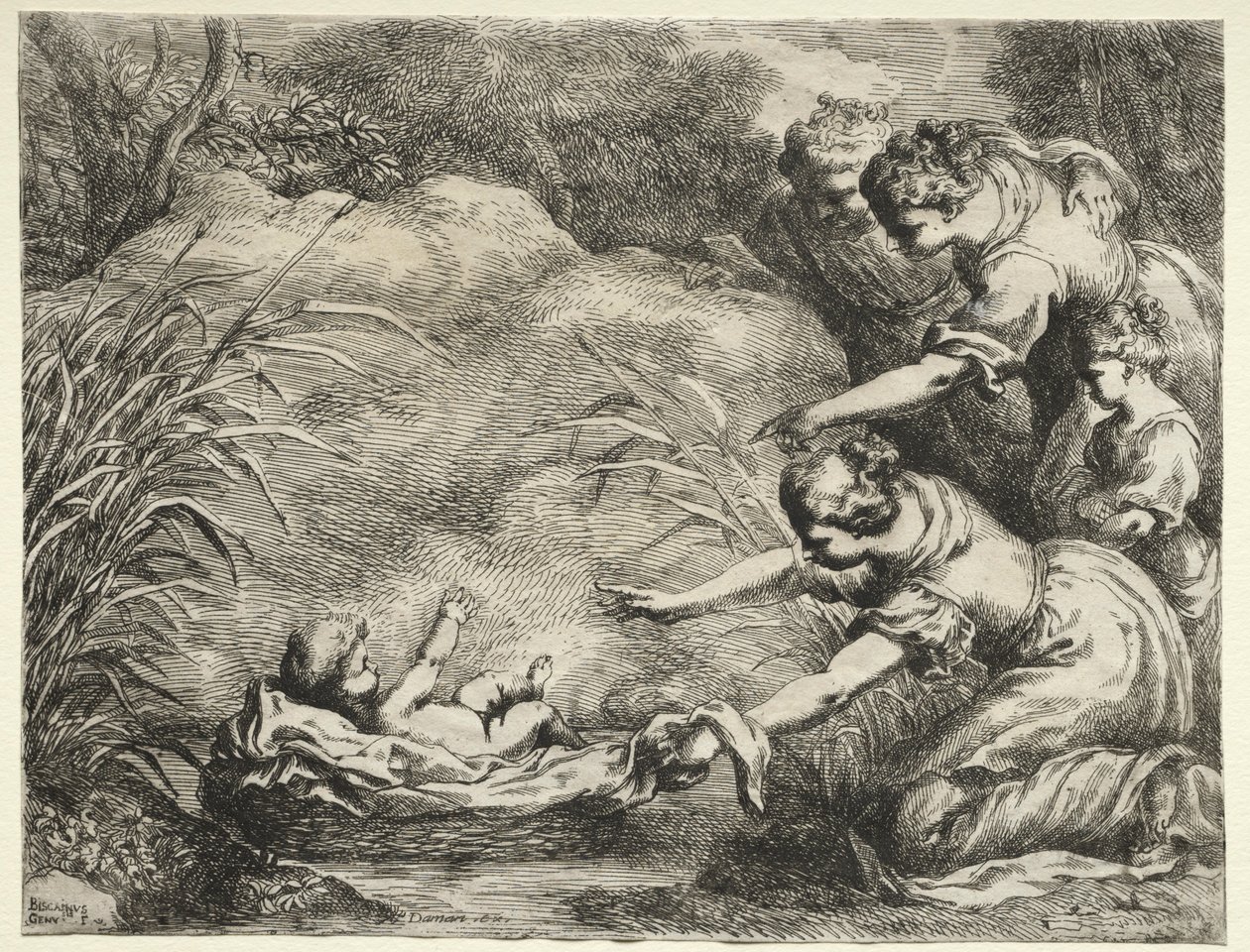 Moses frelst fra Nilen. av Bartolomeo Biscaino