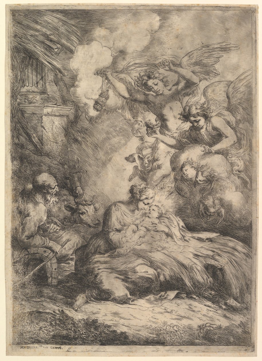 Fødselen med engler, 1650-57. av Bartolomeo Biscaino