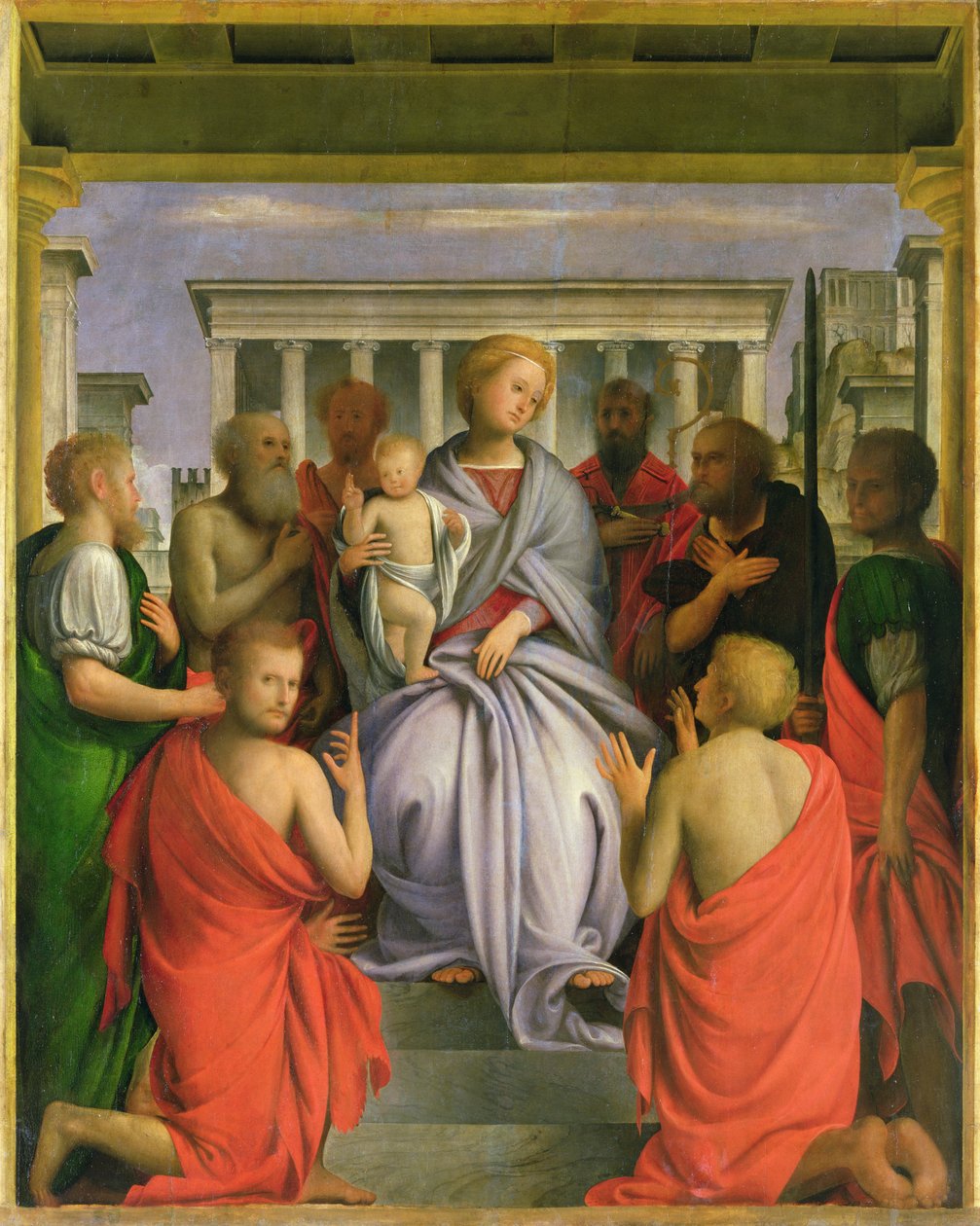 Madonna og barn med åtte hellige, 1520-tallet (tempera på panel) av Bartolommeo Suardi Bramantino
