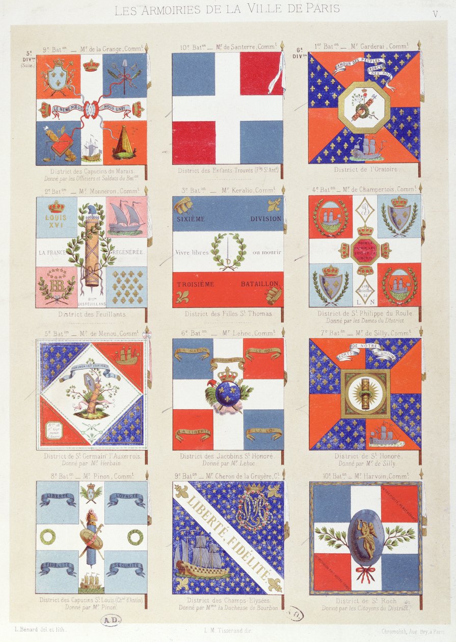 Flagg til de forskjellige distriktene i Paris (fargegravering) av Robert Benard