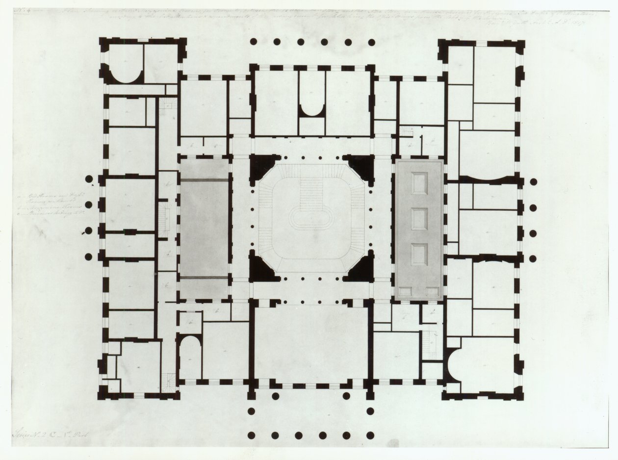 Plan over mesaningulvet, 1815 (penn og svart blekk, grå vask) av Benjamin Dean Wyatt