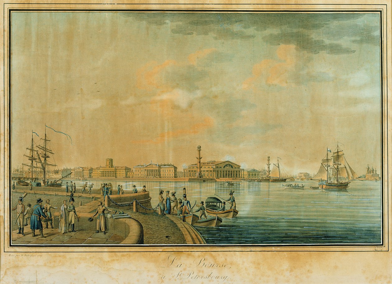 The Bourse and the Rostral Columns, St. Petersburg, 1807 (gravering med wc) av Benjamin Patersson