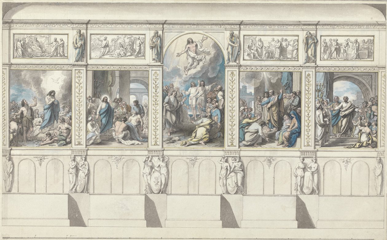 Design for en vegg i Chapel of Revealed Religion (wc, penn og pensel og blekk på papir innrykket for overføring) av Benjamin West