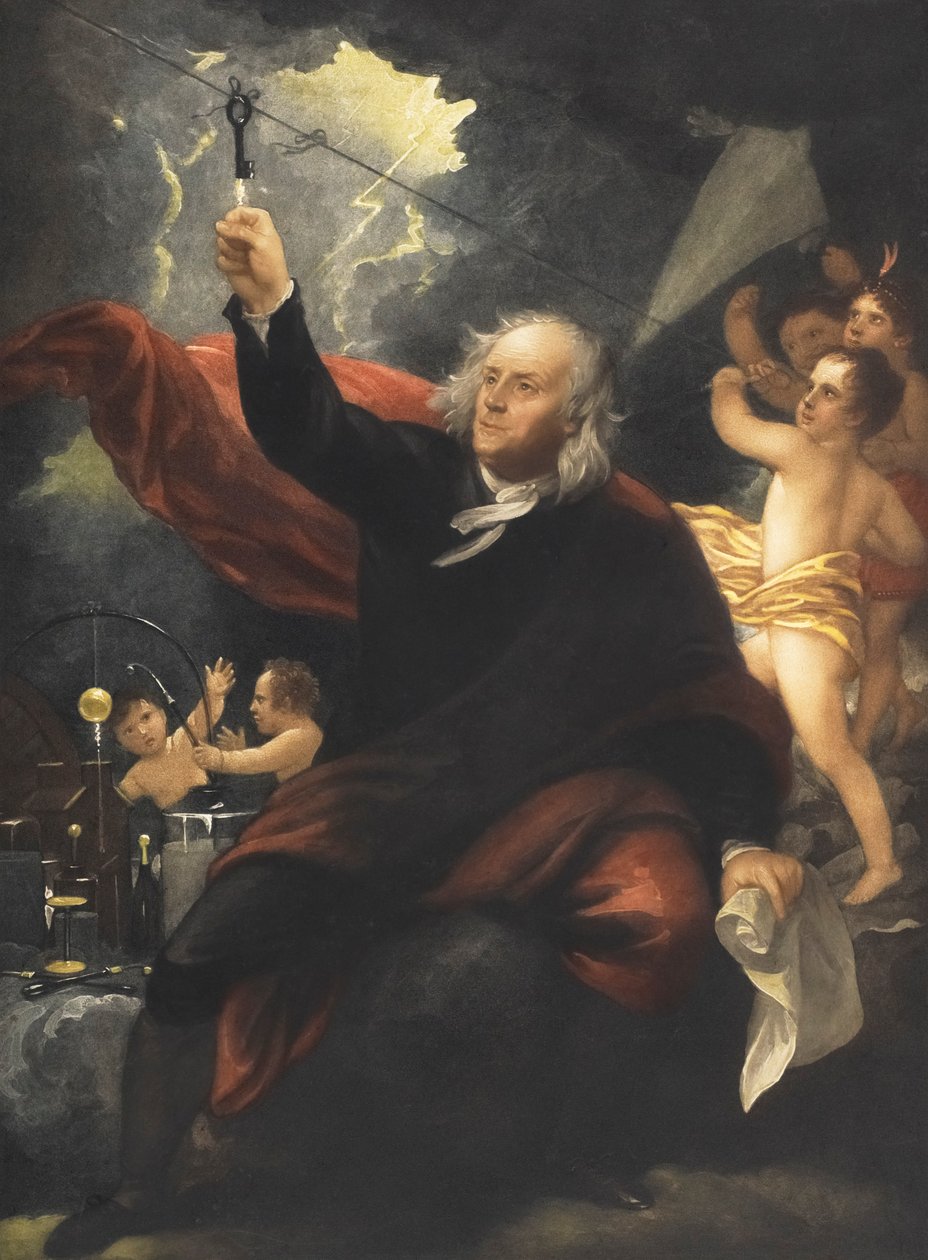 Benjamin Franklin drageeksperiment. (skrive ut) av Benjamin (after) West