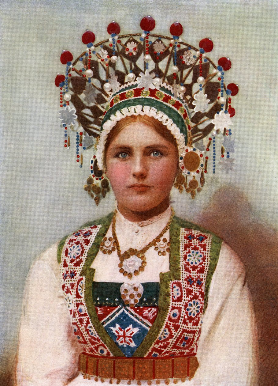 Norsk pike i brudekjole, 1899 (albumintrykk) av Bergen, Norway Söstrene Persen