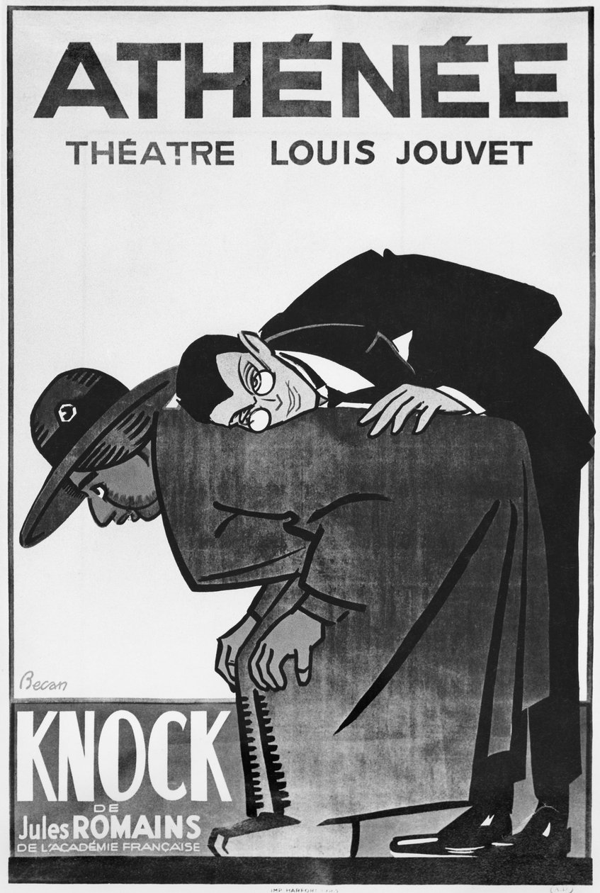 Plakat som reklamerer for en forestilling av Knock or the Triumph of Medicine av Jules Romains (1885-1972) på Theatre Athenee (bw-bilde) av Bernard Becan