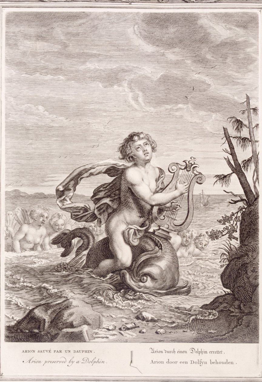 Arion bevart av en delfin, 1731 av Bernard Picart