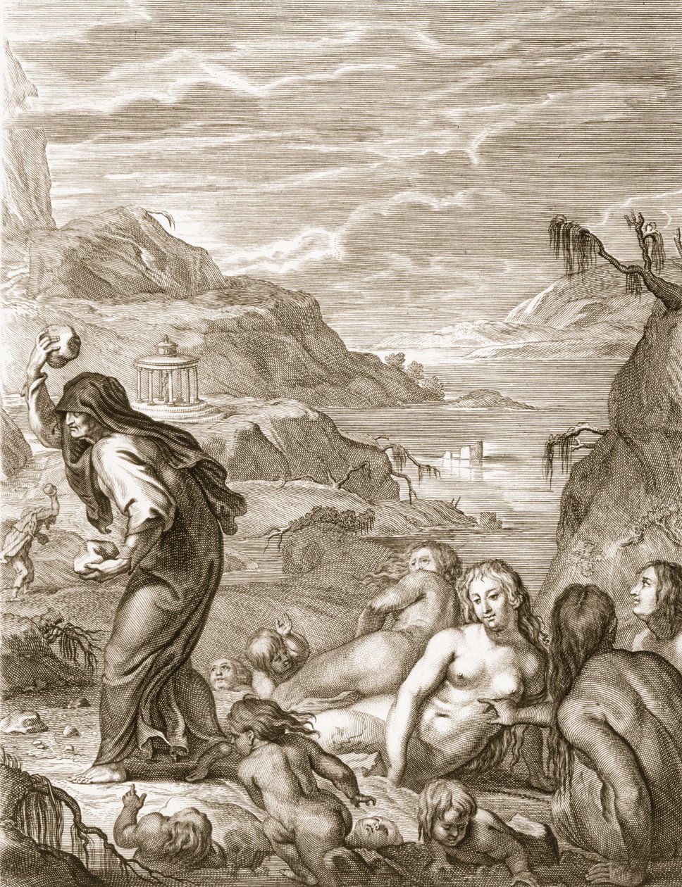 Deucalion og Pyrrha gjentar verden ved å kaste steiner bak dem, 1731 av Bernard Picart