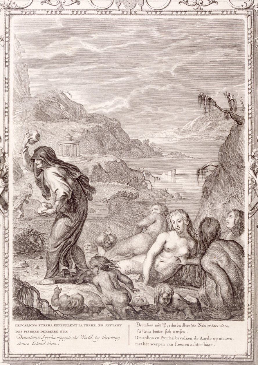 Deucalion og Pyrrha gjentar verden ved å kaste steiner bak dem, 1731 av Bernard Picart