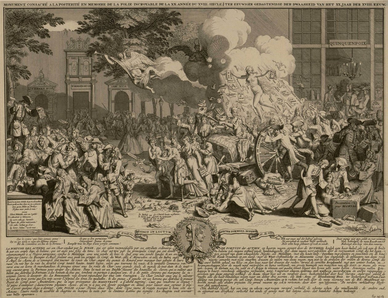 Satirisk trykk om hvordan Laws system fungerer og dets konkurs 1720 av Bernard Picart