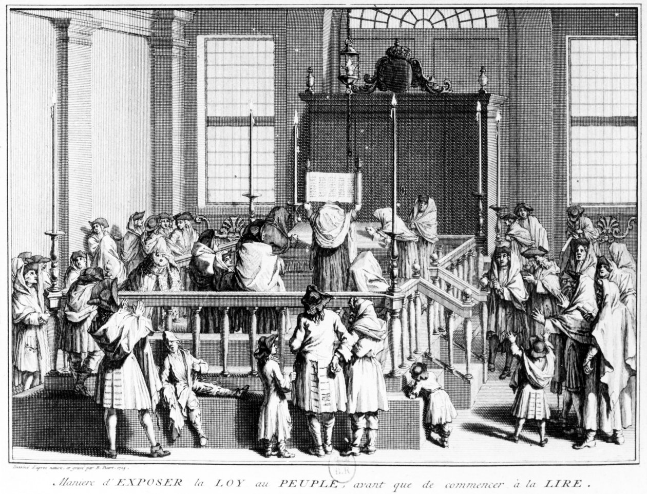 Viser loven til folket i synagogen før lesingen begynner, 1725 av Bernard Picart