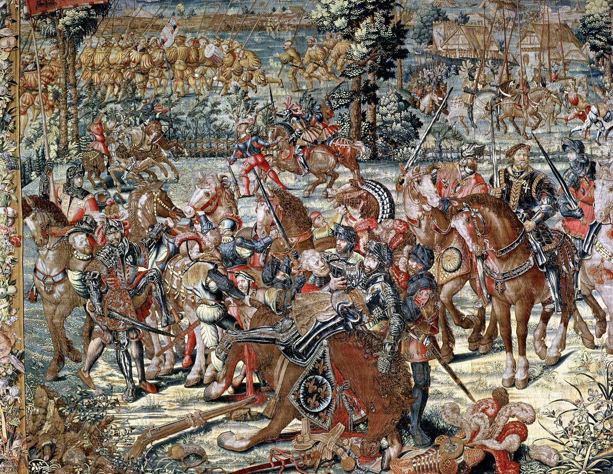 Slaget ved Pavia. Fangsten av Francois I (1494-1547) 24. februar 1525 (teppe) av Bernard van Orley